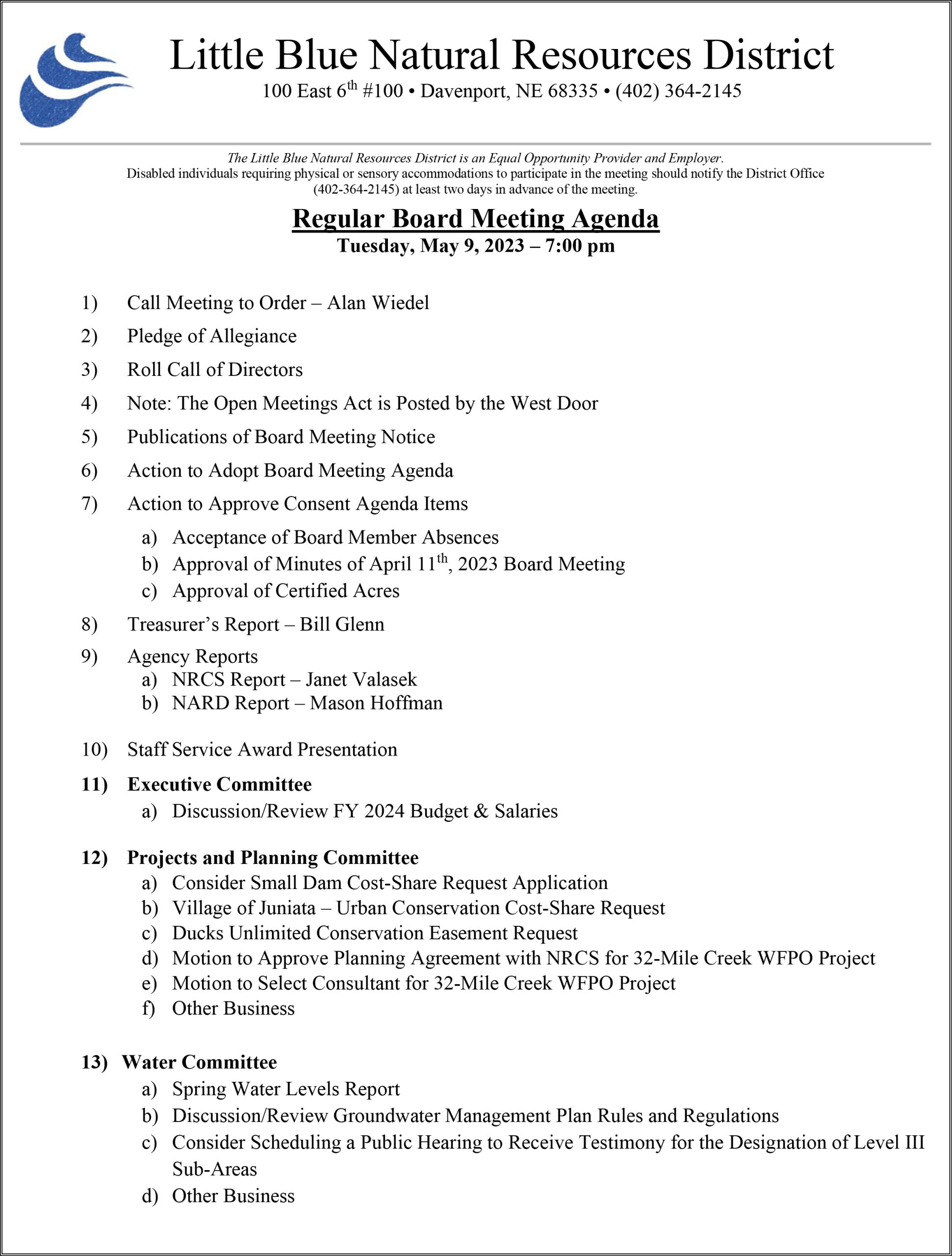Regular Board Meeting May 9th, 2023 Little Blue NRD